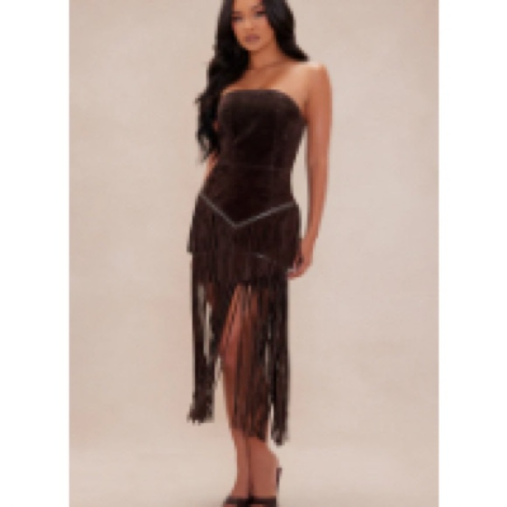 Brown Suede Strapless Fringe Dress M nwt boho country